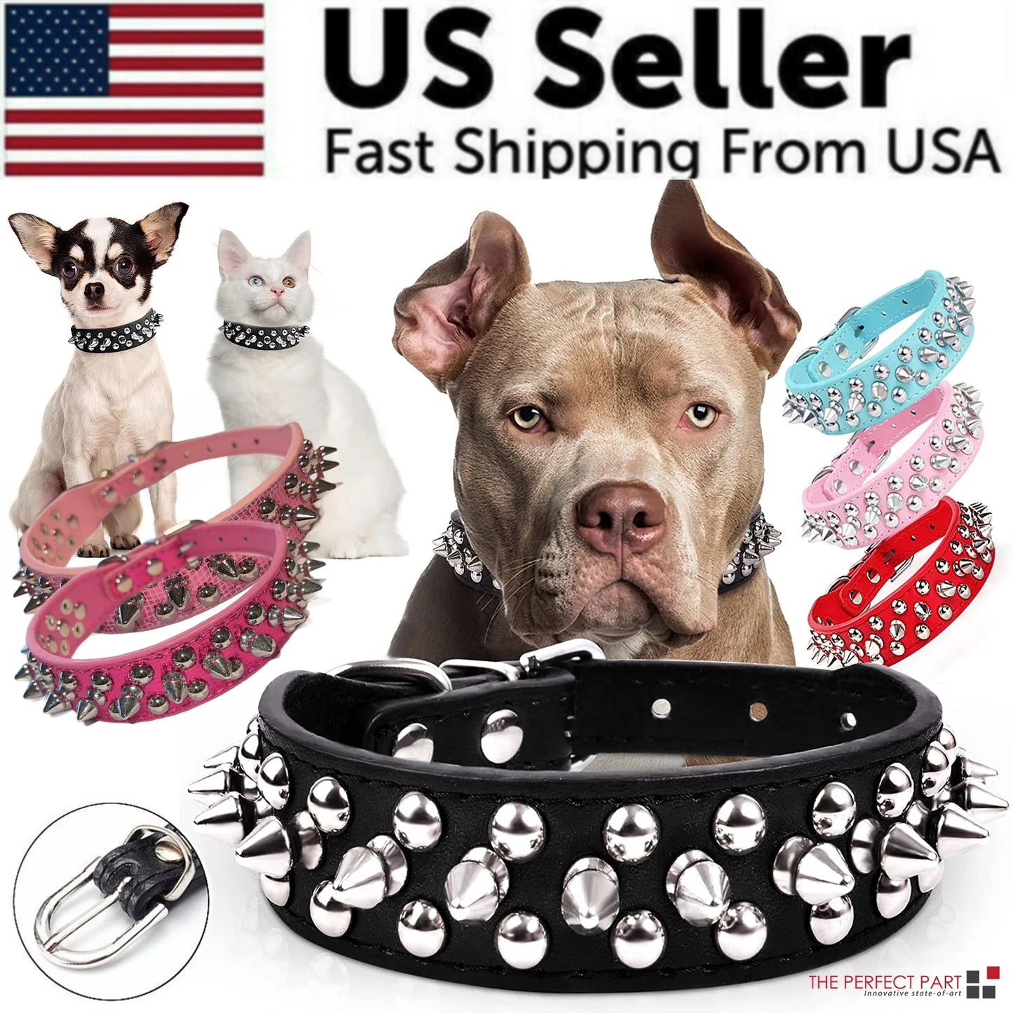 Spiked Studded Leather Dog Collar Rivets Pet Small Large Cat Pit Bull Adjustable